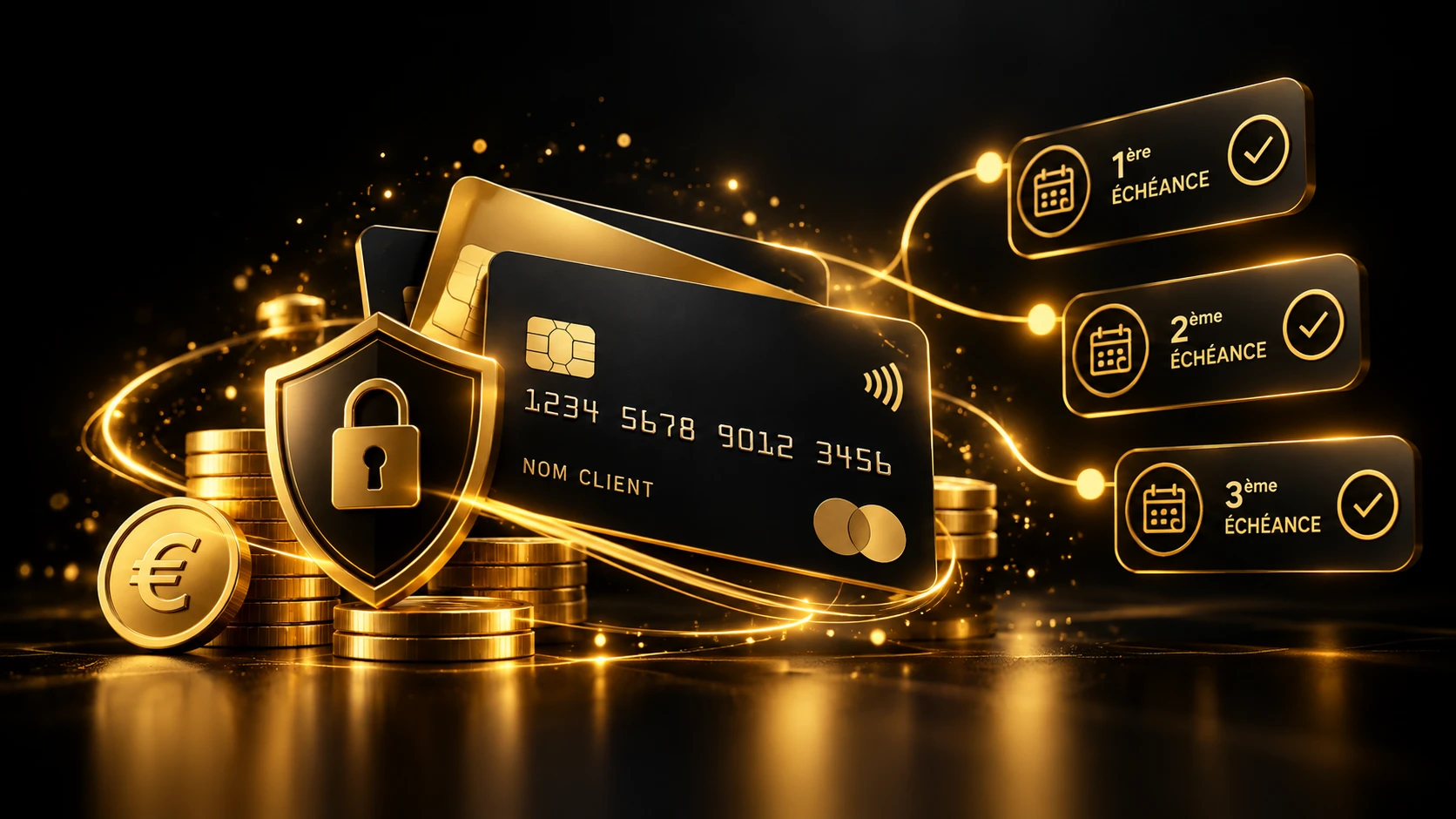 Carte bancaire noire et or, bouclier avec cadenas, pièces d'euros et paiement en trois échéances